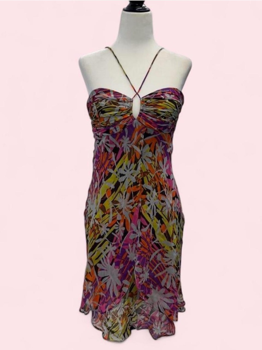 Y2K BCBG Max Azria 100% Silk Floral Halter Dress Fairy Boho